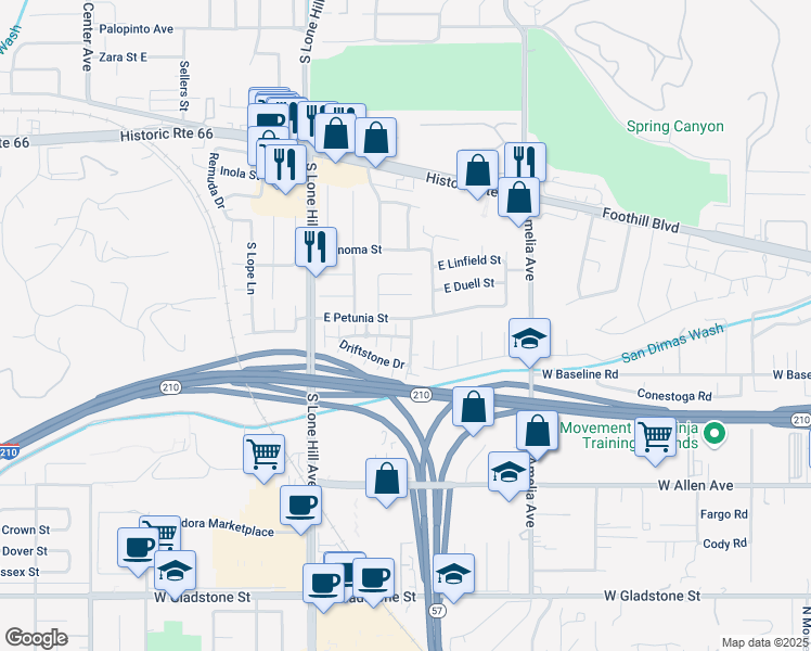 map of restaurants, bars, coffee shops, grocery stores, and more near 931 Sandstone Drive in Glendora