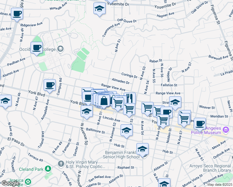 map of restaurants, bars, coffee shops, grocery stores, and more near 5129 Range View Avenue in Los Angeles