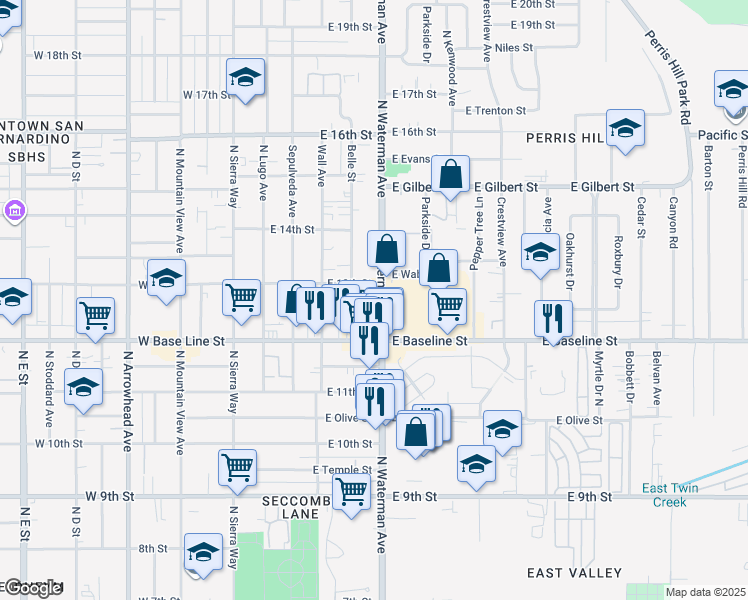 map of restaurants, bars, coffee shops, grocery stores, and more near 1310 North Waterman Avenue in San Bernardino