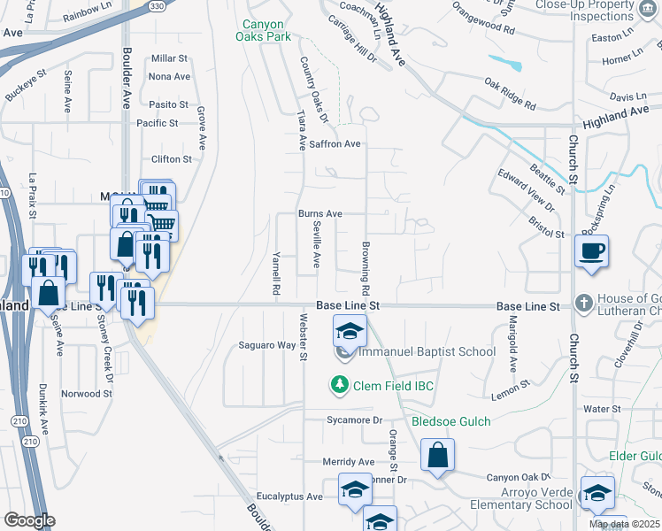 map of restaurants, bars, coffee shops, grocery stores, and more near 7214 Quail Run Drive in Highland