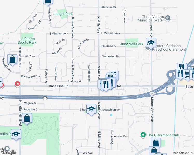 map of restaurants, bars, coffee shops, grocery stores, and more near 472 Heidelburg Lane in Claremont
