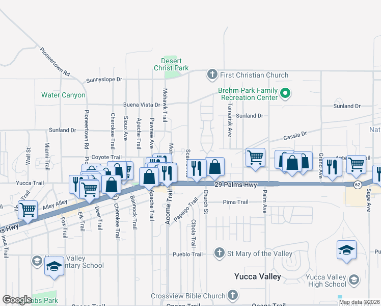 map of restaurants, bars, coffee shops, grocery stores, and more near 7175 Scarvan Road in Yucca Valley