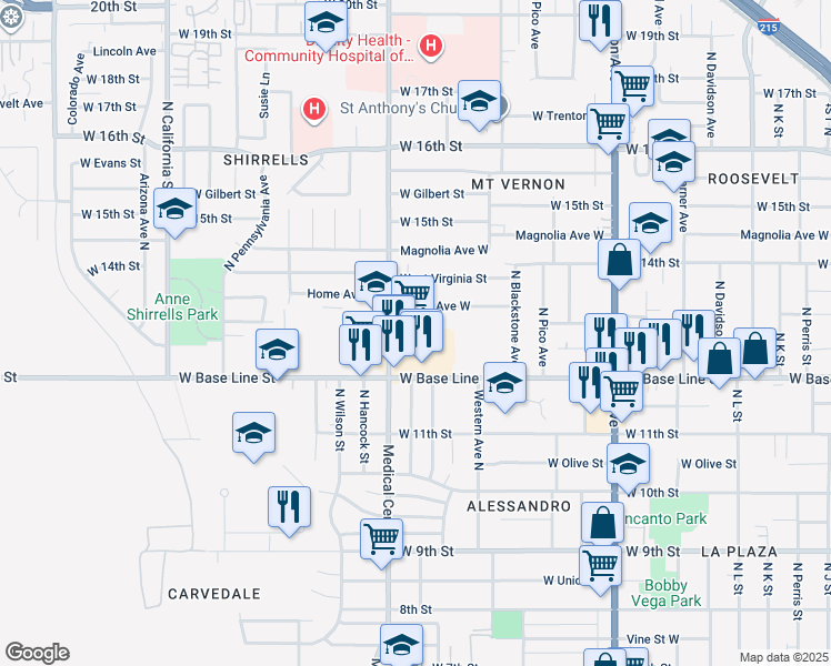 map of restaurants, bars, coffee shops, grocery stores, and more near 1563 Home Avenue West in San Bernardino