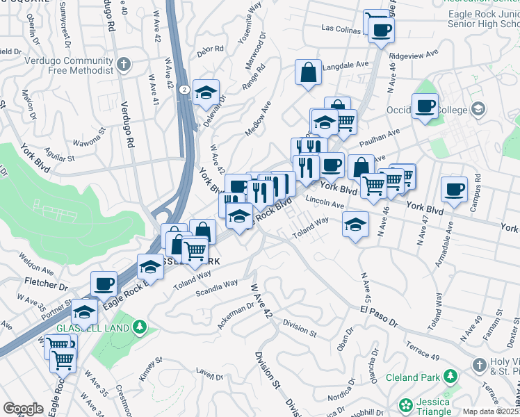 map of restaurants, bars, coffee shops, grocery stores, and more near 3831 1/2 West Avenue 43 in Los Angeles