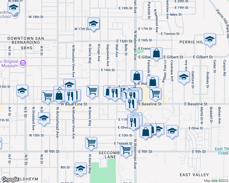 map of restaurants, bars, coffee shops, grocery stores, and more near 216 East 13th Street in San Bernardino