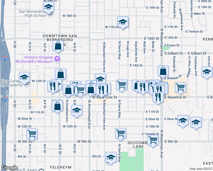 map of restaurants, bars, coffee shops, grocery stores, and more near 144 West 13th Street in San Bernardino