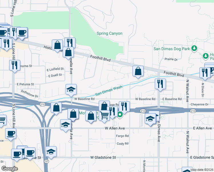 map of restaurants, bars, coffee shops, grocery stores, and more near 2605 Charford Street in Glendora