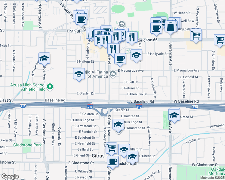 map of restaurants, bars, coffee shops, grocery stores, and more near 18516 East Duell Street in Azusa