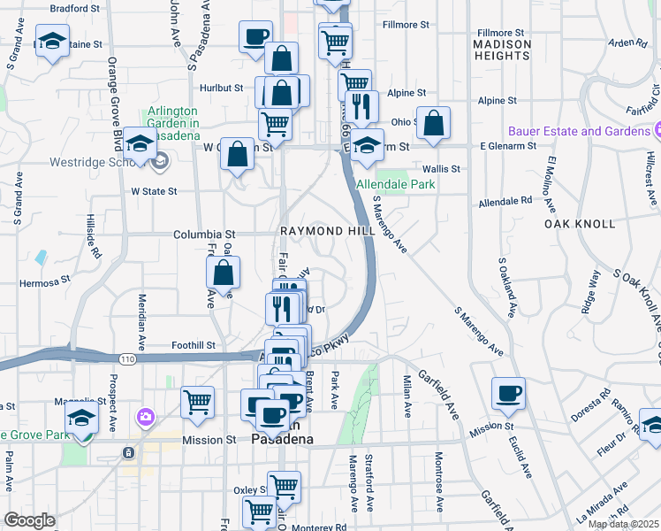map of restaurants, bars, coffee shops, grocery stores, and more near in South Pasadena