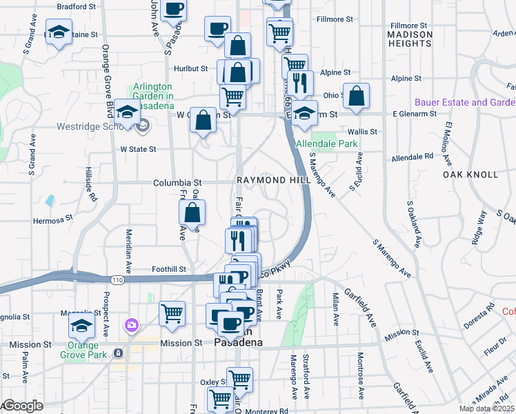 map of restaurants, bars, coffee shops, grocery stores, and more near 1625 Raymond Hill Road in South Pasadena