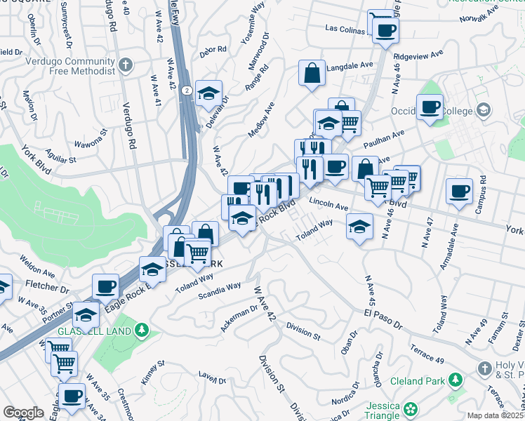 map of restaurants, bars, coffee shops, grocery stores, and more near 3815 West Avenue 43 in Los Angeles