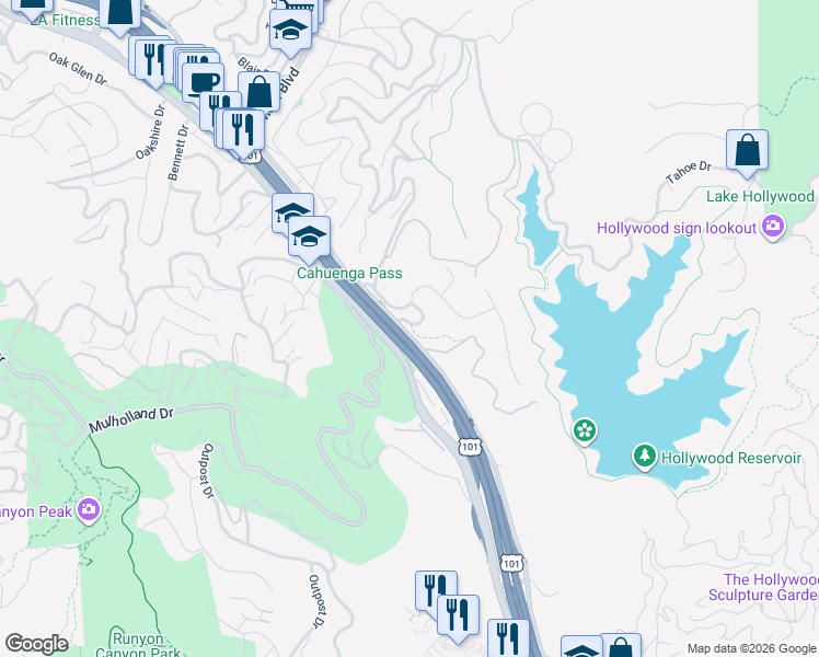 map of restaurants, bars, coffee shops, grocery stores, and more near 6680 Lakeridge Place in Los Angeles