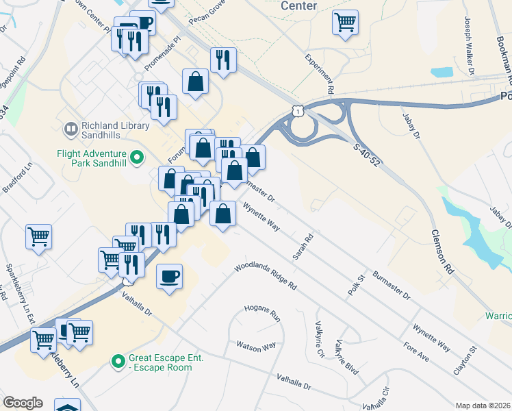 map of restaurants, bars, coffee shops, grocery stores, and more near 106 Burmaster Drive in Columbia