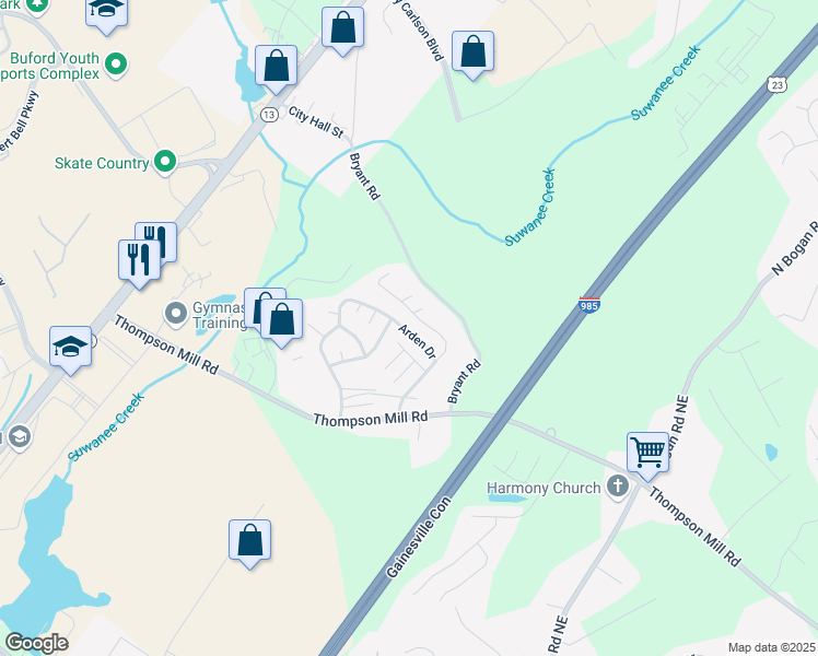 map of restaurants, bars, coffee shops, grocery stores, and more near 4635 Arden Drive in Buford