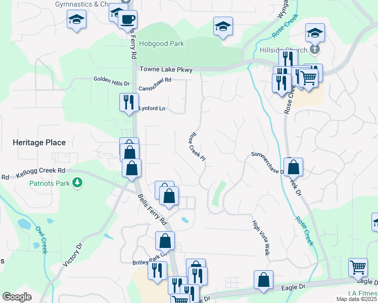 map of restaurants, bars, coffee shops, grocery stores, and more near 387 Rose Creek Place in Woodstock