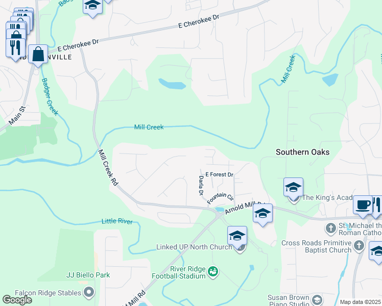 map of restaurants, bars, coffee shops, grocery stores, and more near 133 Caracas Drive in Woodstock