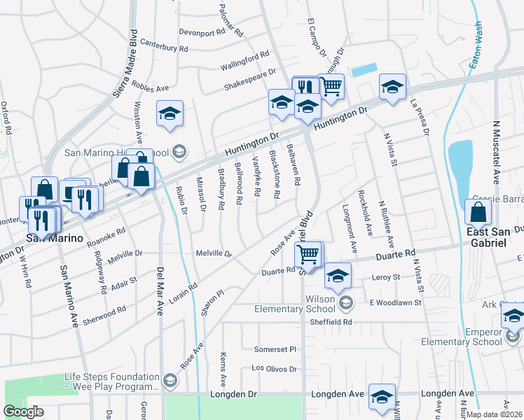 map of restaurants, bars, coffee shops, grocery stores, and more near 1436 Vandyke Road in San Marino