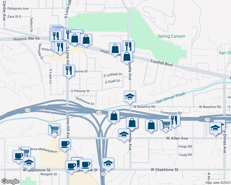 map of restaurants, bars, coffee shops, grocery stores, and more near 911 Groveton Avenue in Glendora