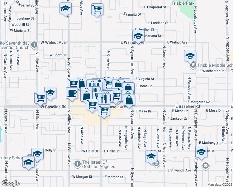 map of restaurants, bars, coffee shops, grocery stores, and more near 155 East Home Street in Rialto