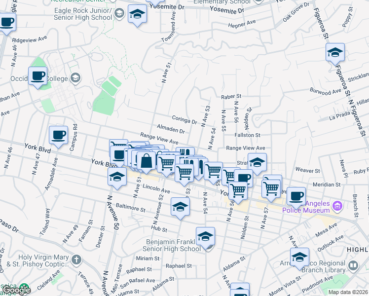 map of restaurants, bars, coffee shops, grocery stores, and more near 5226 Range View Avenue in Los Angeles