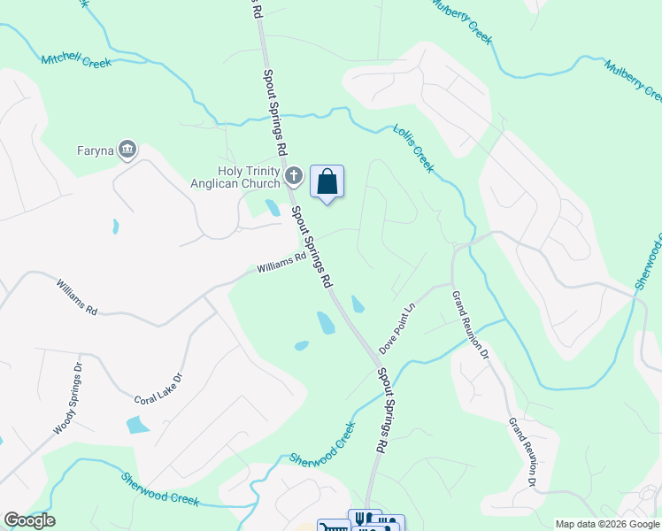 map of restaurants, bars, coffee shops, grocery stores, and more near 7099 Spout Springs Road in Flowery Branch