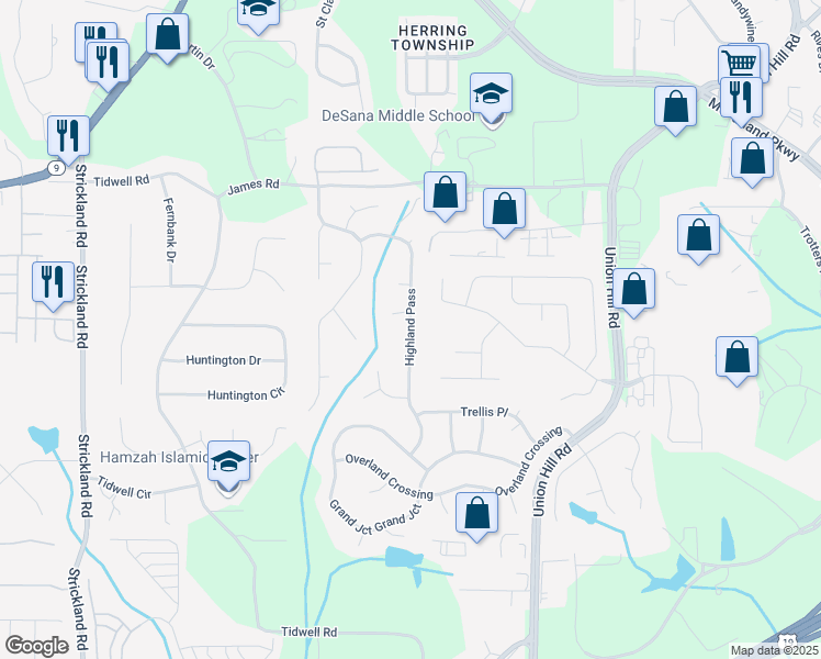 map of restaurants, bars, coffee shops, grocery stores, and more near 2725 Highland Pass in Alpharetta