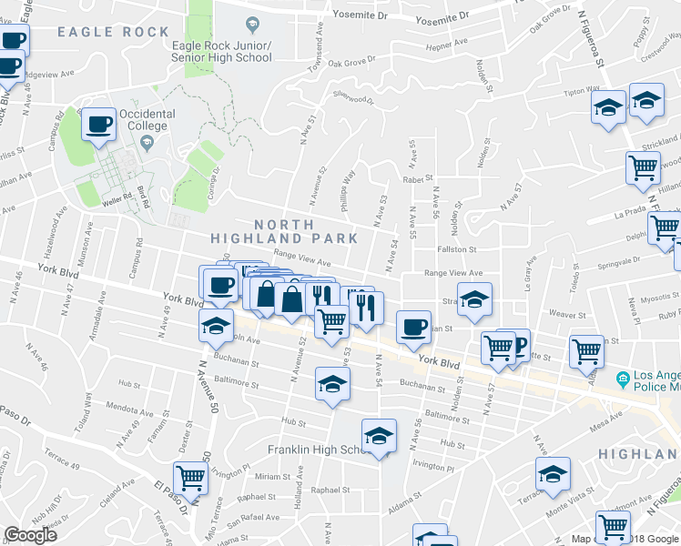 map of restaurants, bars, coffee shops, grocery stores, and more near 5226 Range View Avenue in Los Angeles