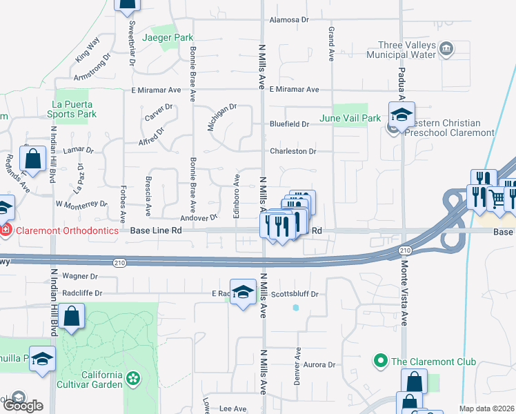 map of restaurants, bars, coffee shops, grocery stores, and more near 472 Heidelburg Lane in Claremont
