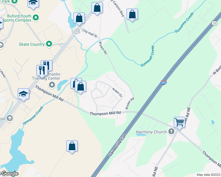 map of restaurants, bars, coffee shops, grocery stores, and more near 4631 Candlewyck Way in Buford