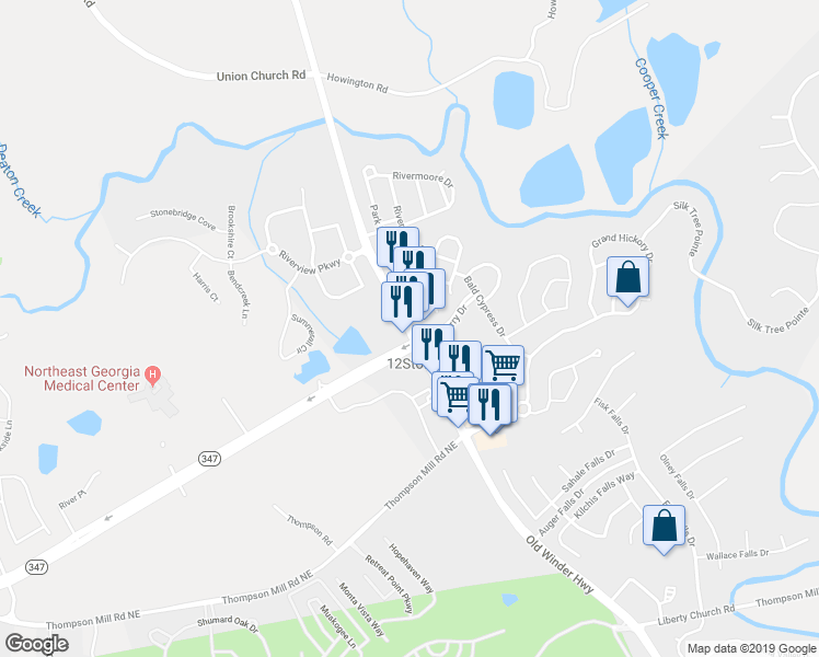 map of restaurants, bars, coffee shops, grocery stores, and more near 5775 Old Winder Highway in Braselton