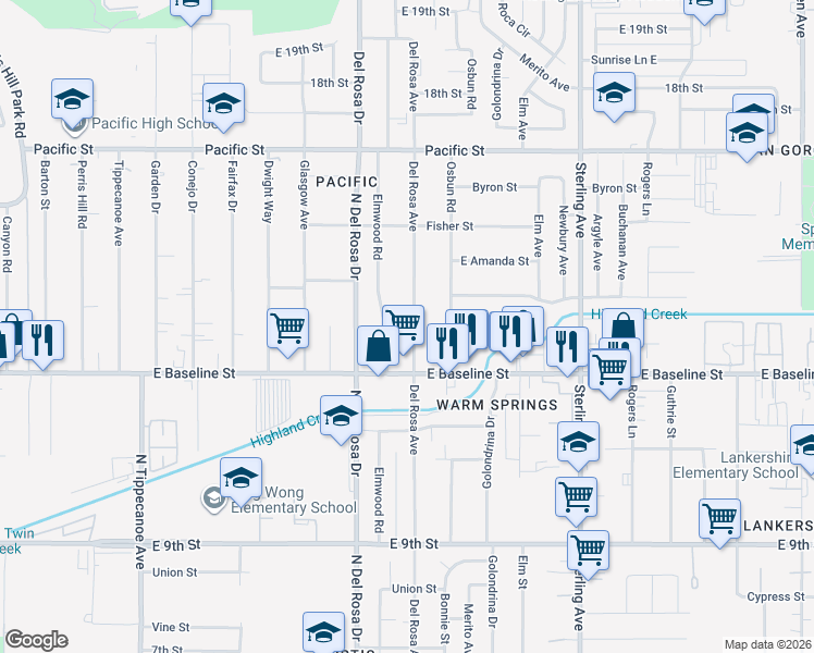 map of restaurants, bars, coffee shops, grocery stores, and more near 7216 Del Rosa Avenue in San Bernardino