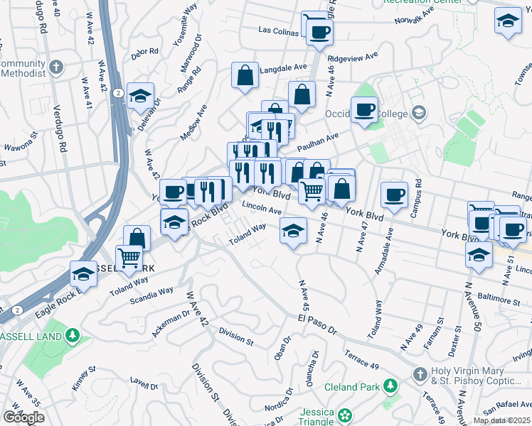 map of restaurants, bars, coffee shops, grocery stores, and more near 4430 York Boulevard in Los Angeles