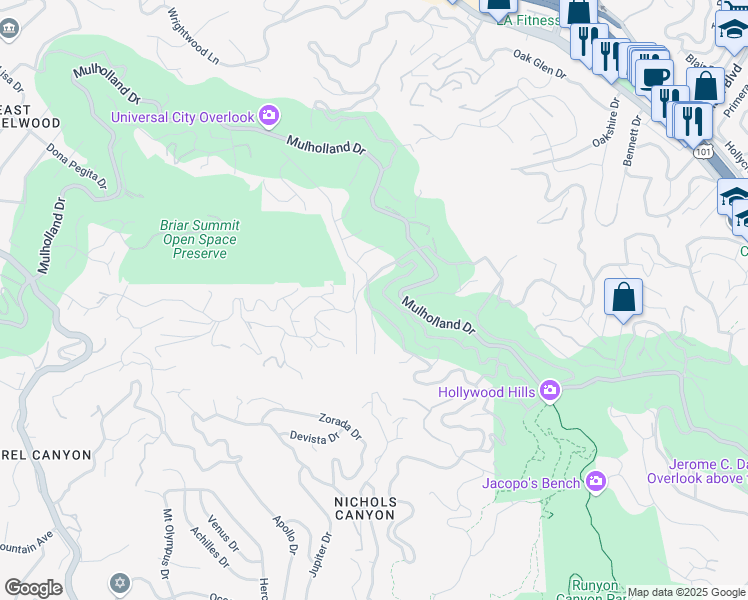 map of restaurants, bars, coffee shops, grocery stores, and more near 2880 Nichols Canyon Road in Los Angeles