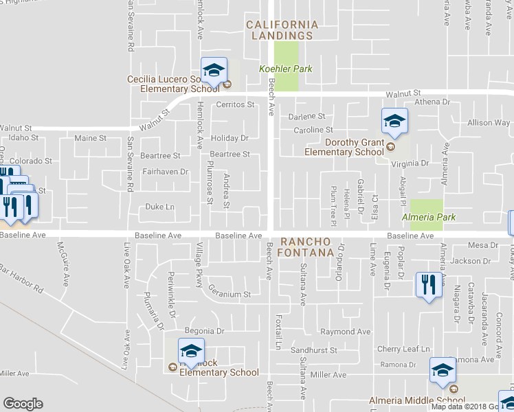map of restaurants, bars, coffee shops, grocery stores, and more near 15265 Blackoak Lane in Fontana