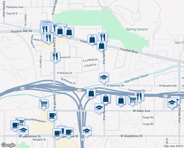 map of restaurants, bars, coffee shops, grocery stores, and more near 911 Groveton Avenue in Glendora
