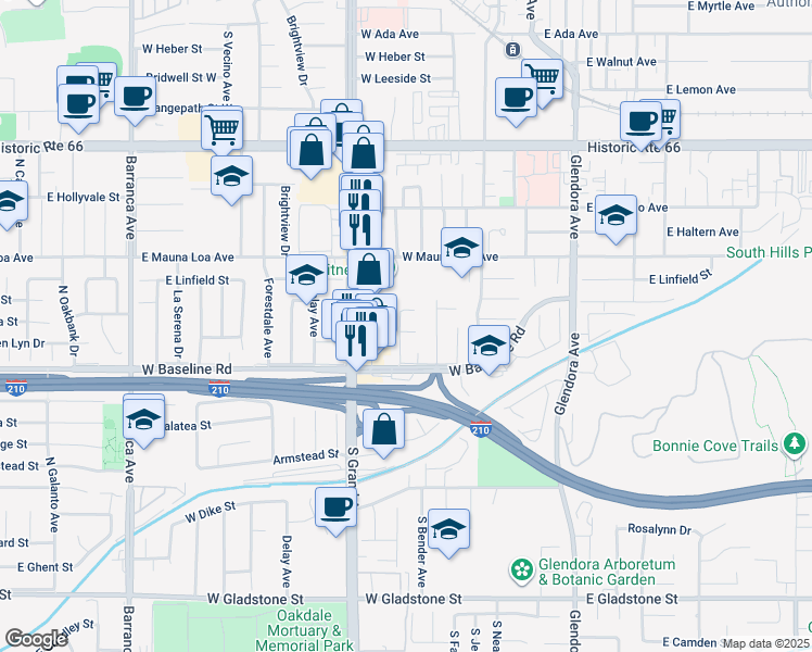 map of restaurants, bars, coffee shops, grocery stores, and more near 926 South Fuchsia Avenue in Glendora