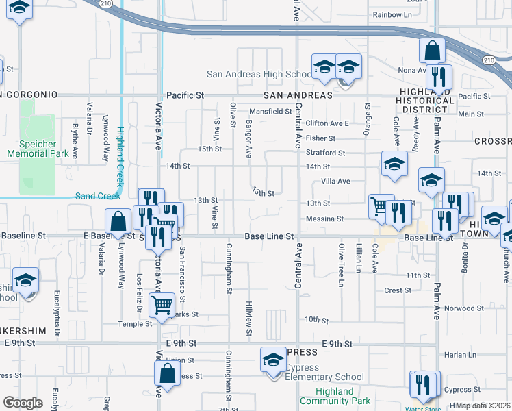 map of restaurants, bars, coffee shops, grocery stores, and more near 26748 13th Street in Highland