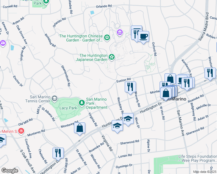 map of restaurants, bars, coffee shops, grocery stores, and more near 1727 Euston Road in San Marino