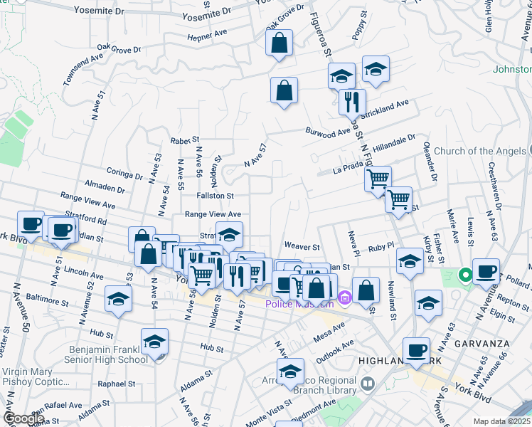 map of restaurants, bars, coffee shops, grocery stores, and more near 5726 Fallston Street in Los Angeles