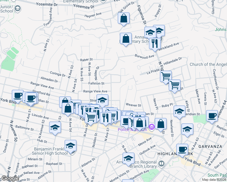 map of restaurants, bars, coffee shops, grocery stores, and more near 1128 North Avenue 57 in Los Angeles