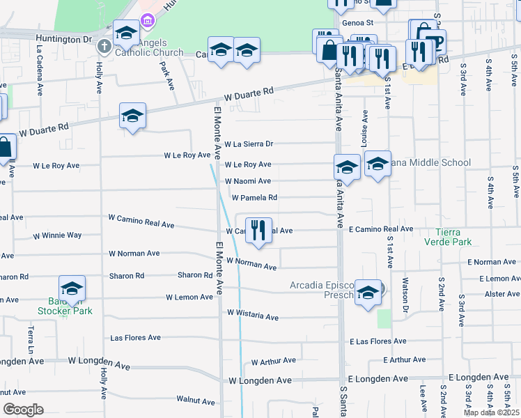 map of restaurants, bars, coffee shops, grocery stores, and more near 141 West Pamela Road in Arcadia