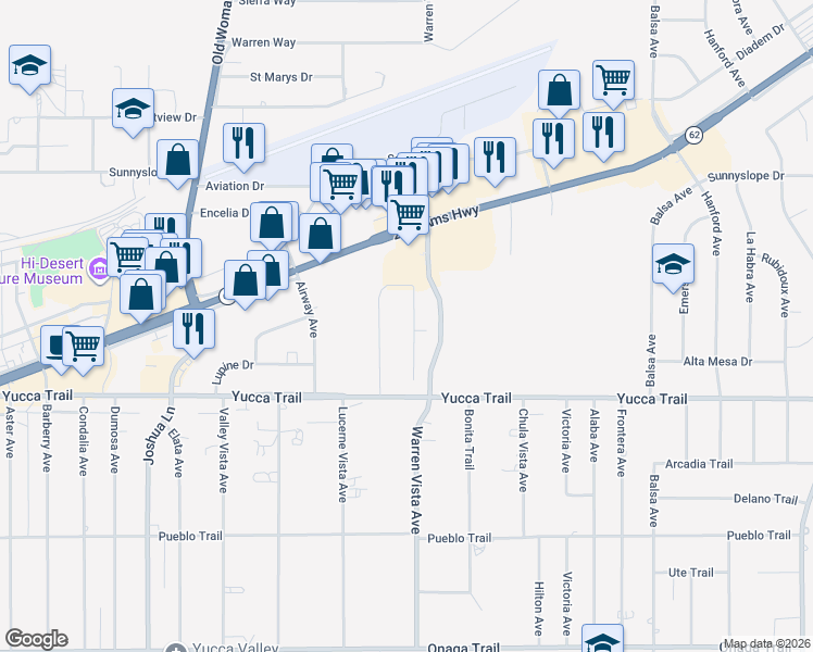 map of restaurants, bars, coffee shops, grocery stores, and more near 7176 Murray Lane in Yucca Valley