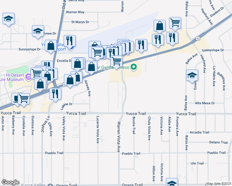 map of restaurants, bars, coffee shops, grocery stores, and more near 7176 Murray Lane in Yucca Valley