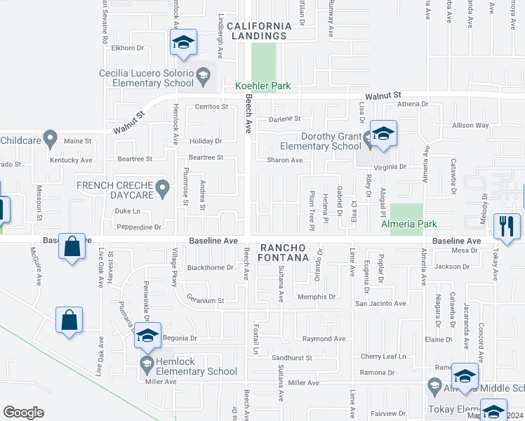 map of restaurants, bars, coffee shops, grocery stores, and more near 7219 Birch Tree Place in Fontana
