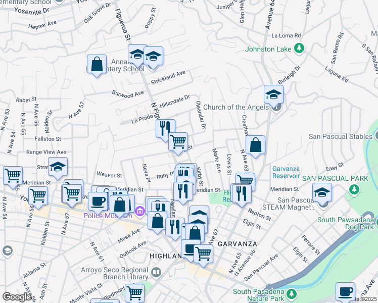 map of restaurants, bars, coffee shops, grocery stores, and more near 6178 Roy Street in Los Angeles