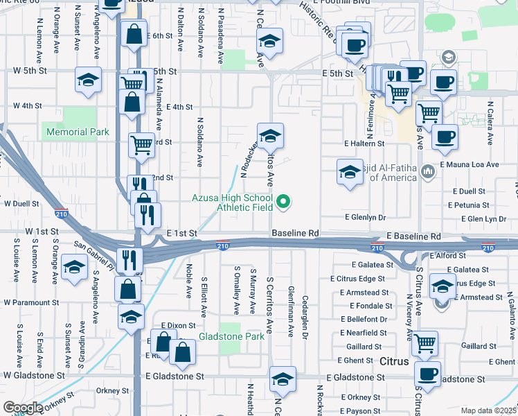 map of restaurants, bars, coffee shops, grocery stores, and more near 564 East Duell Street in Azusa