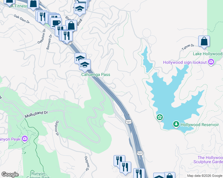 map of restaurants, bars, coffee shops, grocery stores, and more near 6680 Lakeridge Place in Los Angeles