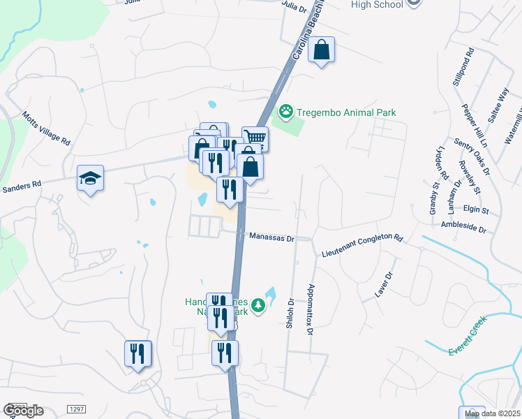 map of restaurants, bars, coffee shops, grocery stores, and more near 107 Christa Drive in Wilmington