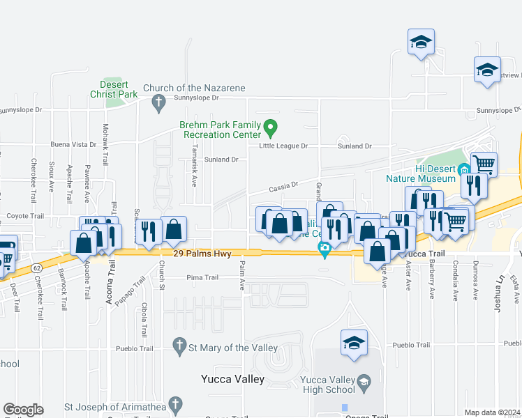 map of restaurants, bars, coffee shops, grocery stores, and more near 56524 Antelope Trail in Yucca Valley
