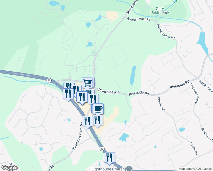 map of restaurants, bars, coffee shops, grocery stores, and more near 6004 Wildcreek Road in Sugar Hill